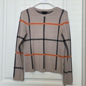 Adrienne Vittadini Tan and Orange Plaid Crewneck Sweater